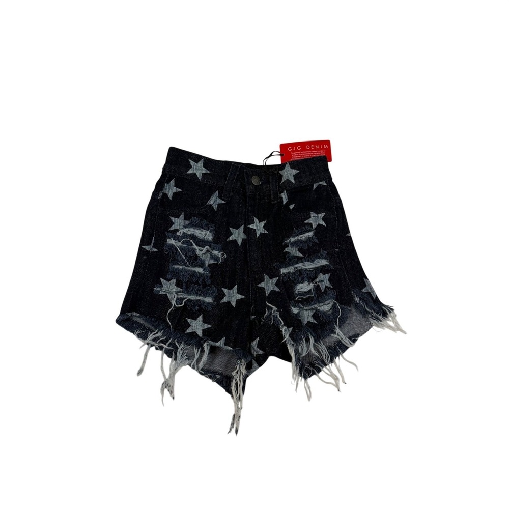 GJG Denim Star Print Distressed High Waisted Shorts Dark Wash Small NWT